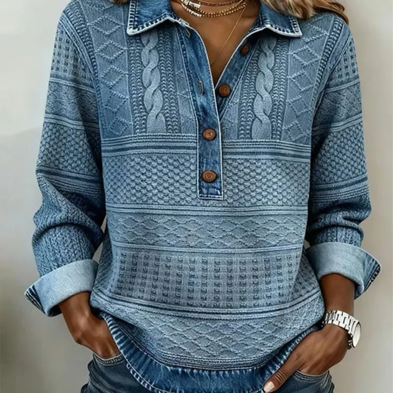 ⌛️Limited-Time Offer👔New Arrivals - Patchwork Long Sleeve Shirt with Denim Trim – Classic Lapel & Partial Button Placket for Versatile Casual Wear