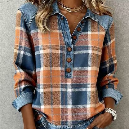 ⌛️Limited-Time Offer👔New Arrivals - Patchwork Long Sleeve Shirt with Denim Trim – Classic Lapel & Partial Button Placket for Versatile Casual Wear