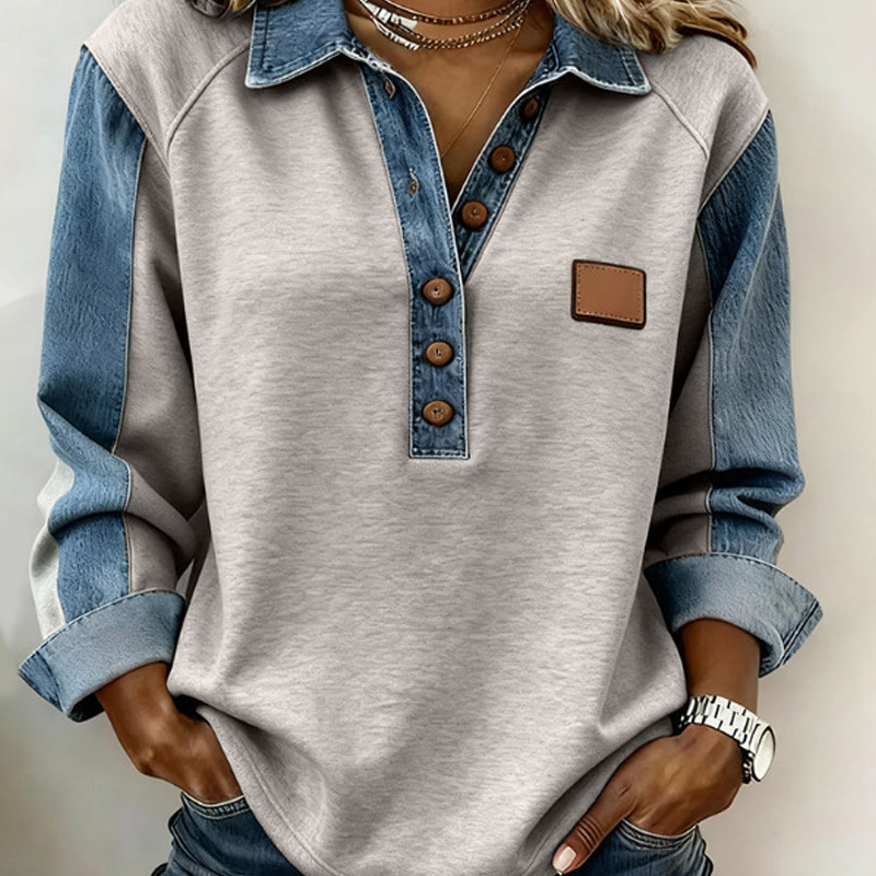 ⌛️Limited-Time Offer👔New Arrivals - Patchwork Long Sleeve Shirt with Denim Trim – Classic Lapel & Partial Button Placket for Versatile Casual Wear