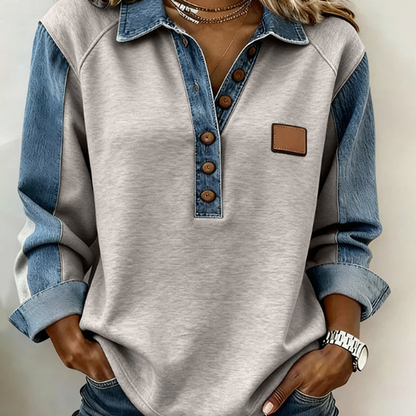 ⌛️Limited-Time Offer👔New Arrivals - Patchwork Long Sleeve Shirt with Denim Trim – Classic Lapel & Partial Button Placket for Versatile Casual Wear