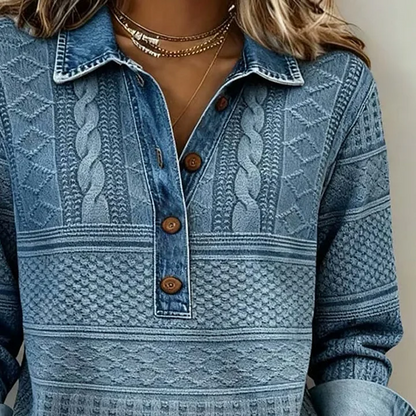 ⌛️Limited-Time Offer👔New Arrivals - Patchwork Long Sleeve Shirt with Denim Trim – Classic Lapel & Partial Button Placket for Versatile Casual Wear