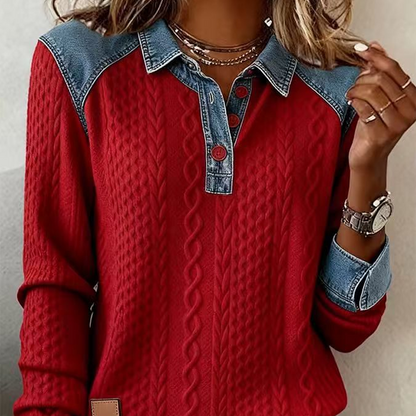 ⌛️Limited-Time Offer👔New Arrivals - Patchwork Long Sleeve Shirt with Denim Trim – Classic Lapel & Partial Button Placket for Versatile Casual Wear