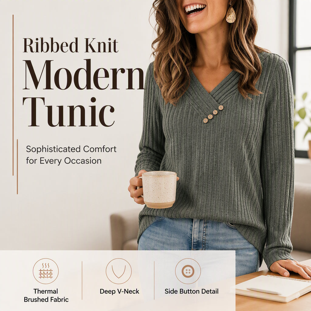 🔥 2026 Fresh Drops | Flat 50% OFF Today! 💸Women's Ribbed Knit V-Neck Top with Decorative Buttons