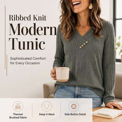 🔥 2026 Fresh Drops | Flat 50% OFF Today! 💸Women's Ribbed Knit V-Neck Top with Decorative Buttons