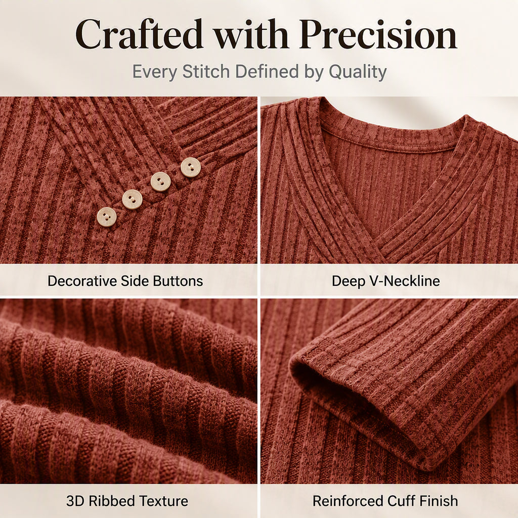 🔥 2026 Fresh Drops | Flat 50% OFF Today! 💸Women's Ribbed Knit V-Neck Top with Decorative Buttons