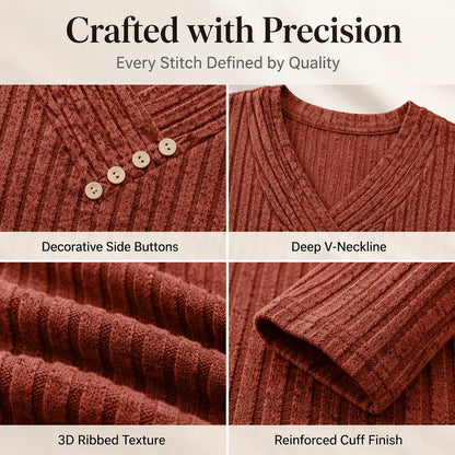 🔥 2026 Fresh Drops | Flat 50% OFF Today! 💸Women's Ribbed Knit V-Neck Top with Decorative Buttons