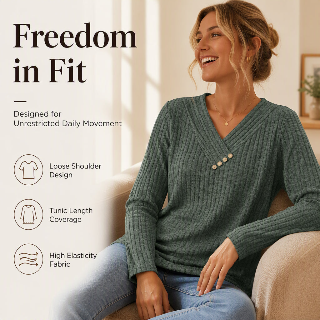 🔥 2026 Fresh Drops | Flat 50% OFF Today! 💸Women's Ribbed Knit V-Neck Top with Decorative Buttons