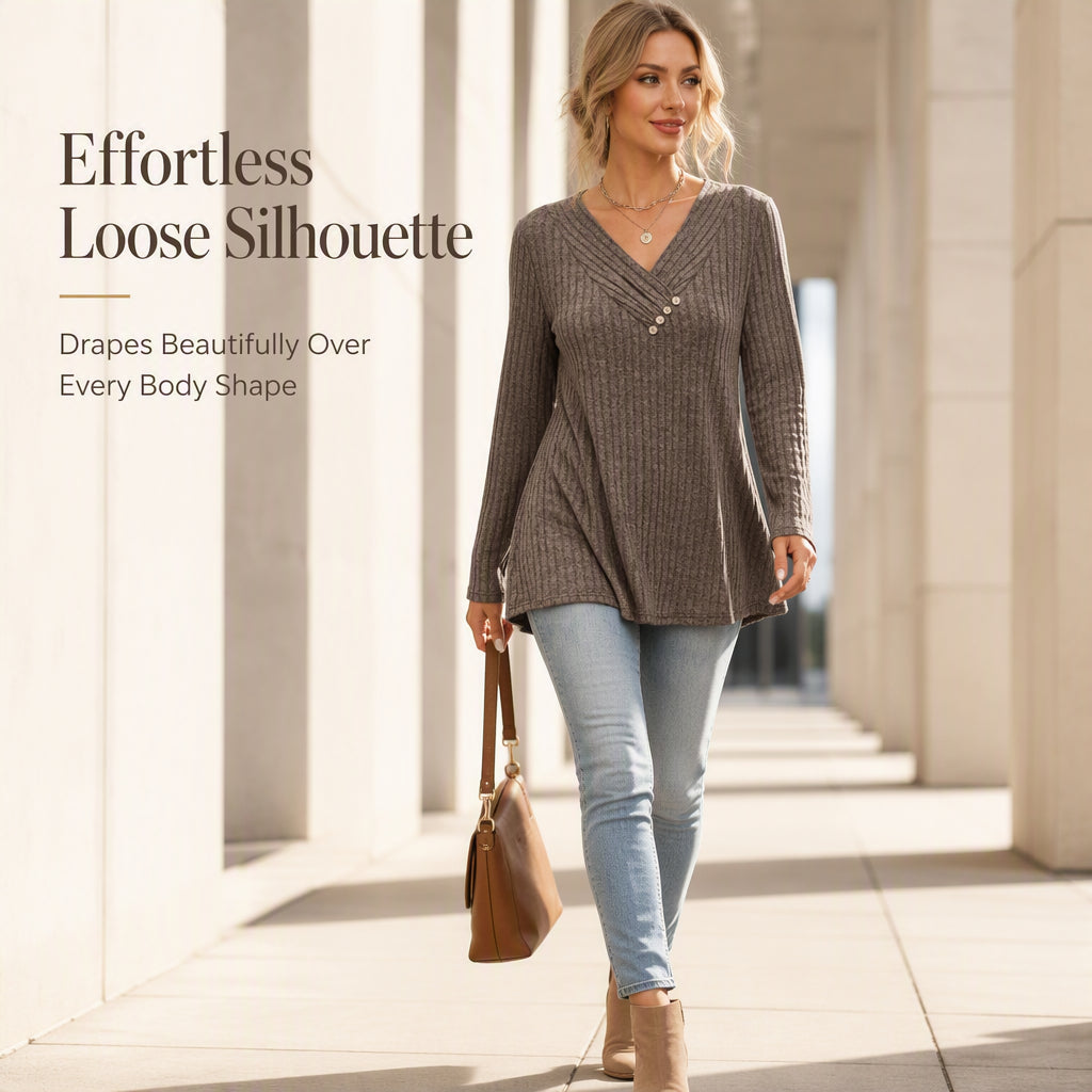 🔥 2026 Fresh Drops | Flat 50% OFF Today! 💸Women's Ribbed Knit V-Neck Top with Decorative Buttons