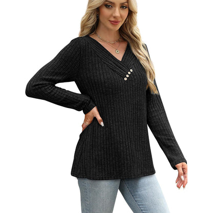 🔥 2026 Fresh Drops | Flat 50% OFF Today! 💸Women's Ribbed Knit V-Neck Top with Decorative Buttons