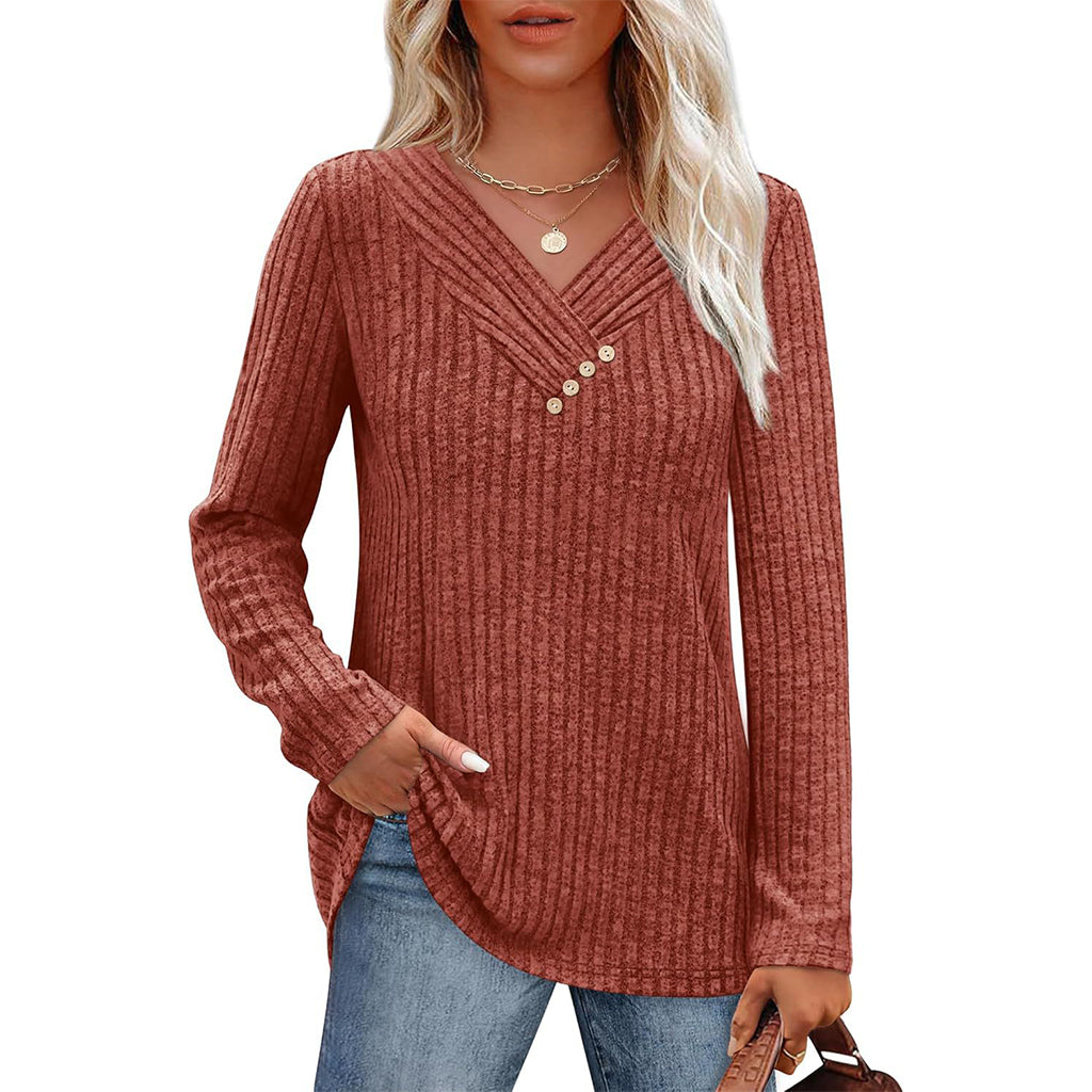 🔥 2026 Fresh Drops | Flat 50% OFF Today! 💸Women's Ribbed Knit V-Neck Top with Decorative Buttons