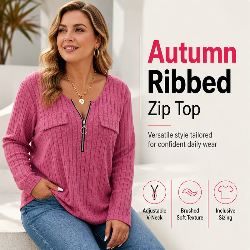 🔥 2026 Fresh Drops | Flat 50% OFF Today! 💸Women's Zipper V-Neck Ribbed Knit Long Sleeve Top