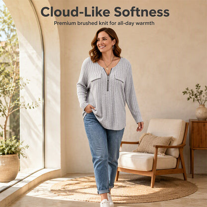 🔥 2026 Fresh Drops | Flat 50% OFF Today! 💸Women's Zipper V-Neck Ribbed Knit Long Sleeve Top