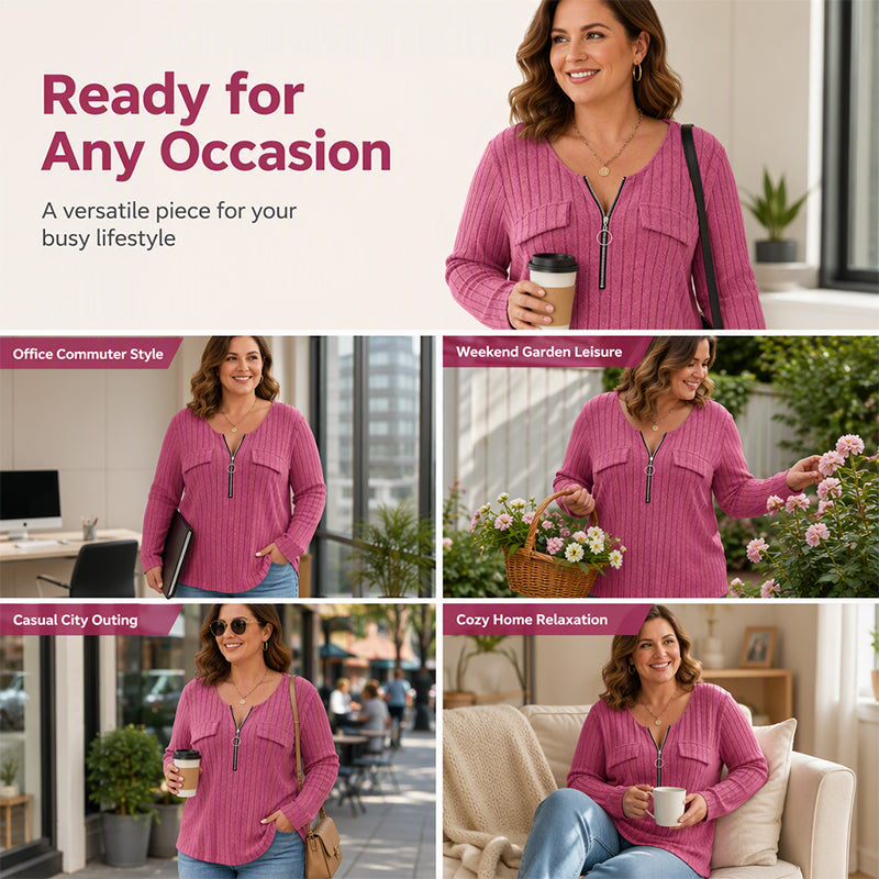 🔥 2026 Fresh Drops | Flat 50% OFF Today! 💸Women's Zipper V-Neck Ribbed Knit Long Sleeve Top