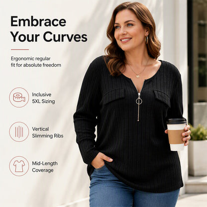 🔥 2026 Fresh Drops | Flat 50% OFF Today! 💸Women's Zipper V-Neck Ribbed Knit Long Sleeve Top