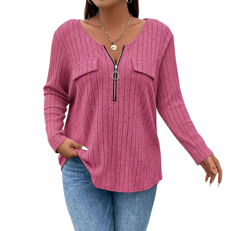 🔥 2026 Fresh Drops | Flat 50% OFF Today! 💸Women's Zipper V-Neck Ribbed Knit Long Sleeve Top