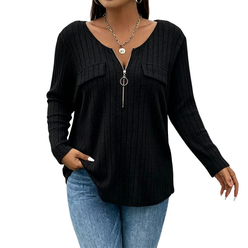 🔥 2026 Fresh Drops | Flat 50% OFF Today! 💸Women's Zipper V-Neck Ribbed Knit Long Sleeve Top