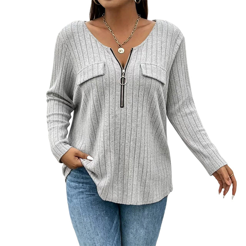 🔥 2026 Fresh Drops | Flat 50% OFF Today! 💸Women's Zipper V-Neck Ribbed Knit Long Sleeve Top