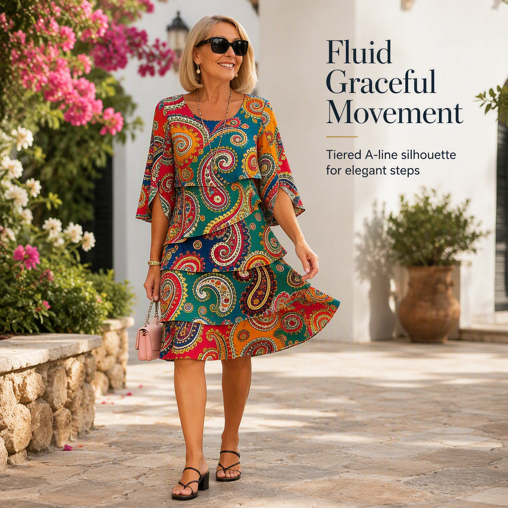 🔥 2026 Fresh Drops | Flat 50% OFF & FREE SHIPPING Today! 💸Women's Ethnic Print V-Neck Tiered Dress