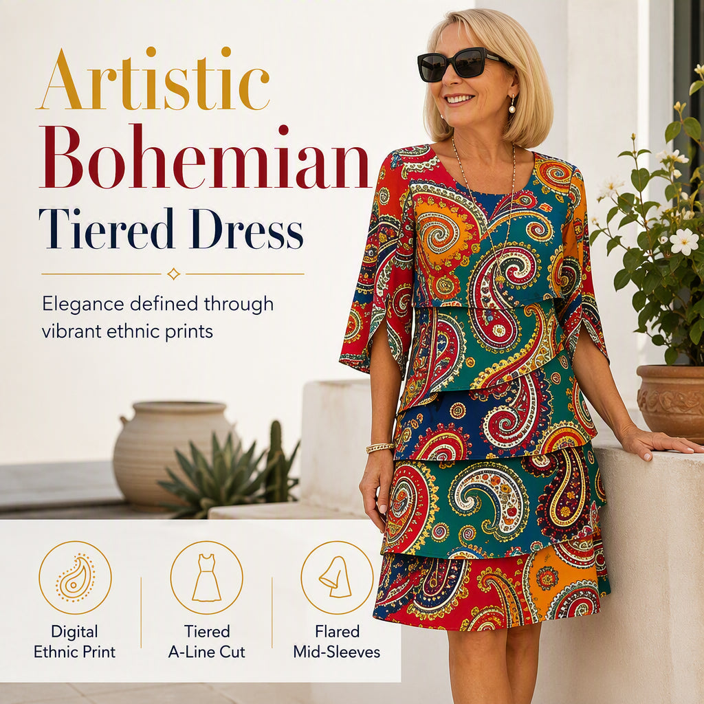 🔥 2026 Fresh Drops | Flat 50% OFF & FREE SHIPPING Today! 💸Women's Ethnic Print V-Neck Tiered Dress