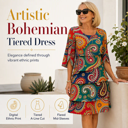🔥 2026 Fresh Drops | Flat 50% OFF & FREE SHIPPING Today! 💸Women's Ethnic Print V-Neck Tiered Dress