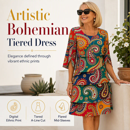 🔥 2026 Fresh Drops | Flat 50% OFF & FREE SHIPPING Today! 💸Women's Ethnic Print V-Neck Tiered Dress