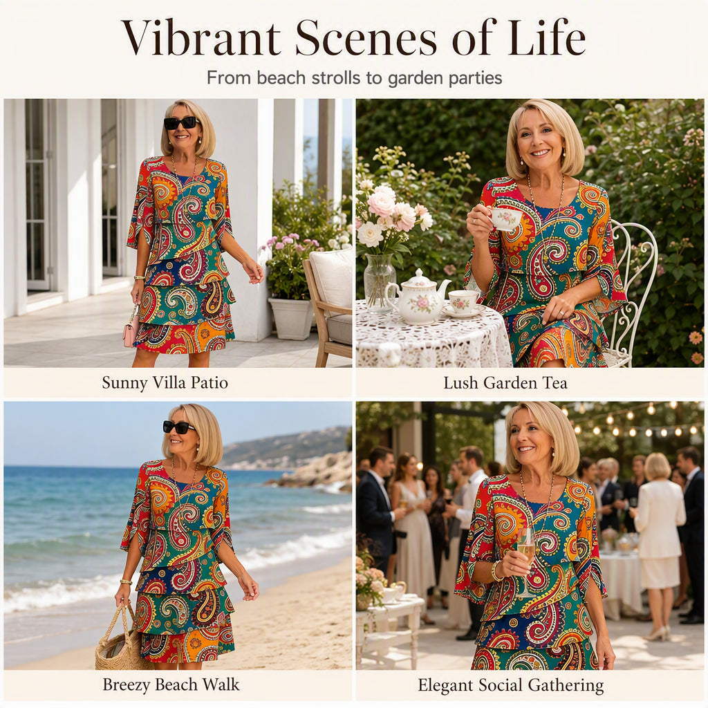🔥 2026 Fresh Drops | Flat 50% OFF & FREE SHIPPING Today! 💸Women's Ethnic Print V-Neck Tiered Dress