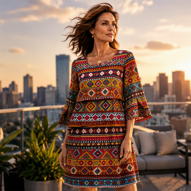 🔥 2026 Fresh Drops | Flat 50% OFF & FREE SHIPPING Today! 💸Women's Ethnic Print V-Neck Tiered Dress