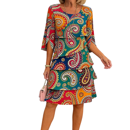 🔥 2026 Fresh Drops | Flat 50% OFF & FREE SHIPPING Today! 💸Women's Ethnic Print V-Neck Tiered Dress