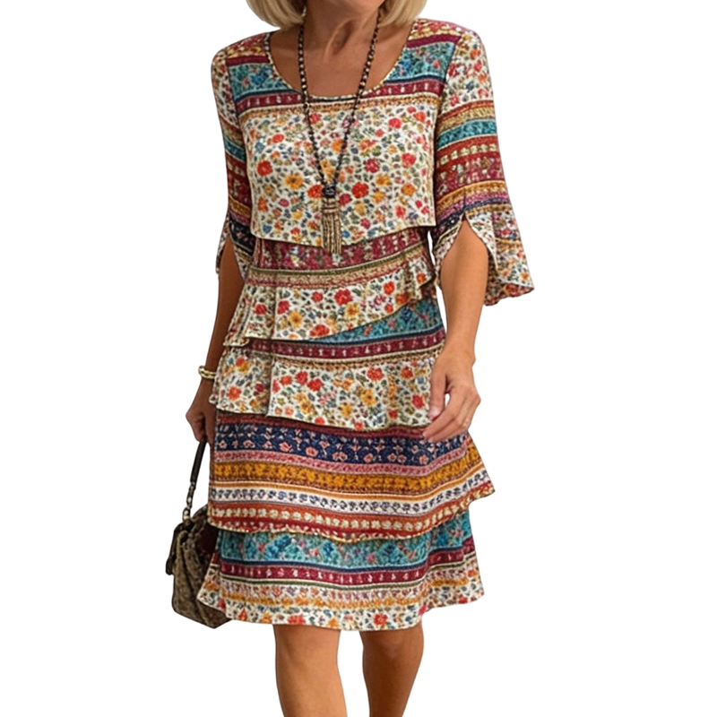 🔥 2026 Fresh Drops | Flat 50% OFF & FREE SHIPPING Today! 💸Women's Ethnic Print V-Neck Tiered Dress