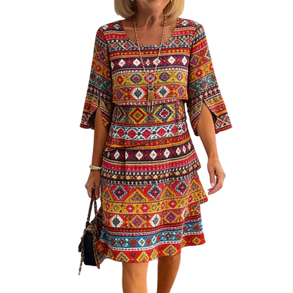 🔥 2026 Fresh Drops | Flat 50% OFF & FREE SHIPPING Today! 💸Women's Ethnic Print V-Neck Tiered Dress