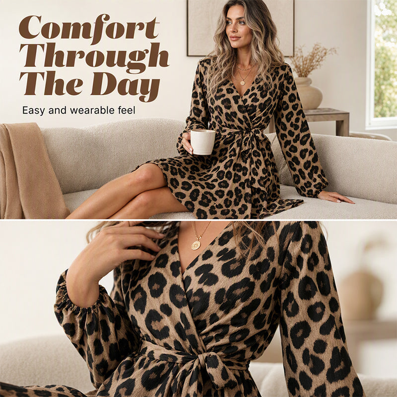 🔥 2026 Fresh Drops | Flat 50% OFF Today! 💸Women's Leopard Print V-Neck Ruffle Dress with Waist Tie