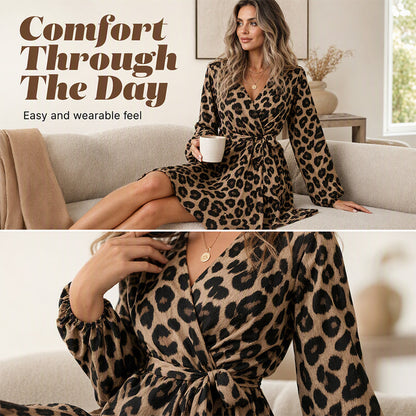 🔥 2026 Fresh Drops | Flat 50% OFF Today! 💸Women's Leopard Print V-Neck Ruffle Dress with Waist Tie