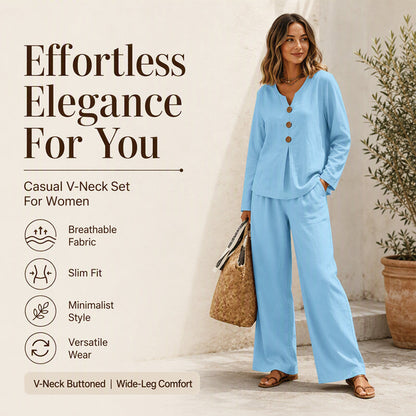 ⏰️Limited-Time Offer!☀️👚Seasonal Style - Long Sleeve V-Neck & Wide-Leg Pants – Versatile Pairing for Comfortable Everyday Chic