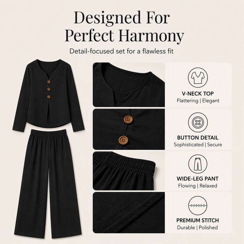 ⏰️Limited-Time Offer!☀️👚Seasonal Style - Long Sleeve V-Neck & Wide-Leg Pants – Versatile Pairing for Comfortable Everyday Chic