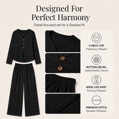 ⏰️Limited-Time Offer!☀️👚Seasonal Style - Long Sleeve V-Neck & Wide-Leg Pants – Versatile Pairing for Comfortable Everyday Chic