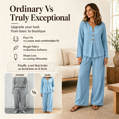⏰️Limited-Time Offer!☀️👚Seasonal Style - Long Sleeve V-Neck & Wide-Leg Pants – Versatile Pairing for Comfortable Everyday Chic