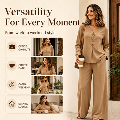 ⏰️Limited-Time Offer!☀️👚Seasonal Style - Long Sleeve V-Neck & Wide-Leg Pants – Versatile Pairing for Comfortable Everyday Chic