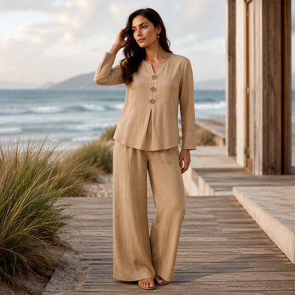 ⏰️Limited-Time Offer!☀️👚Seasonal Style - Long Sleeve V-Neck & Wide-Leg Pants – Versatile Pairing for Comfortable Everyday Chic