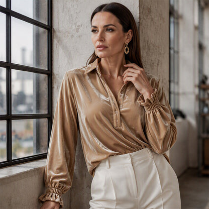 ⏰Last Day Sale 50% Off💃Women's Velvet Long Sleeve Button Down Collar Shirt