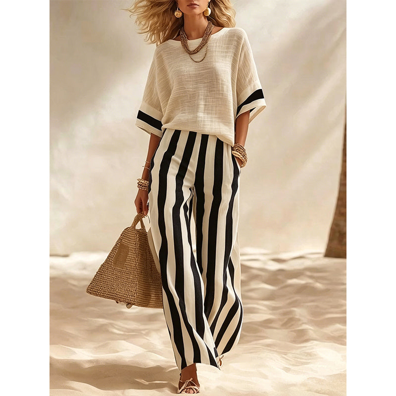⏰️Limited-Time Offer!✨ Women's Casual Striped Two Piece Wide Leg Pants Set – Effortless Style, All-Day Comfort