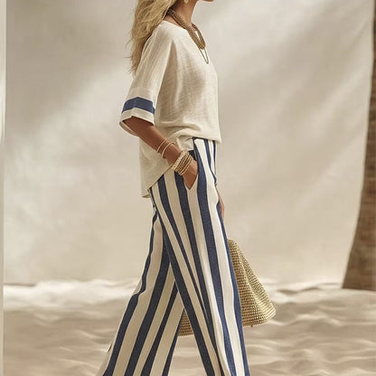 ⏰️Limited-Time Offer!✨ Women's Casual Striped Two Piece Wide Leg Pants Set – Effortless Style, All-Day Comfort