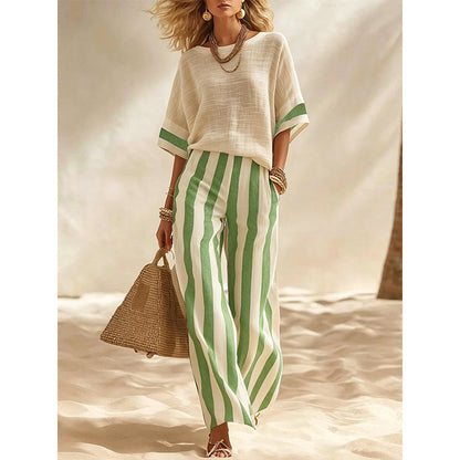 ⏰️Limited-Time Offer!✨ Women's Casual Striped Two Piece Wide Leg Pants Set – Effortless Style, All-Day Comfort