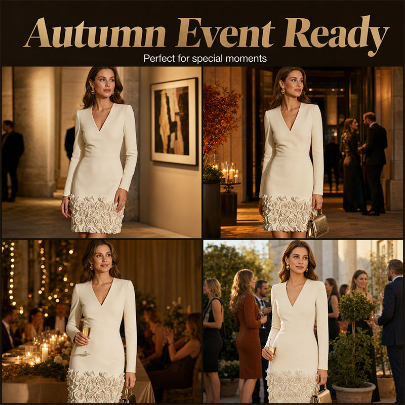 Bestseller 👗 V-Neck Long Sleeve Dress with Floral-Inspired Hem – Classic Silhouette & All-Day Comfort for Any Occasion