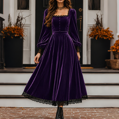 👗 Women's Vintage Square Neck Velvet Dress – Timeless Elegance Meets Luxe Comfort