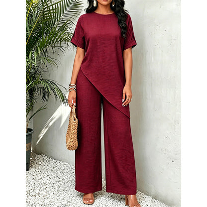 Asymmetrical Hem Top & Wide-Leg Pants Set