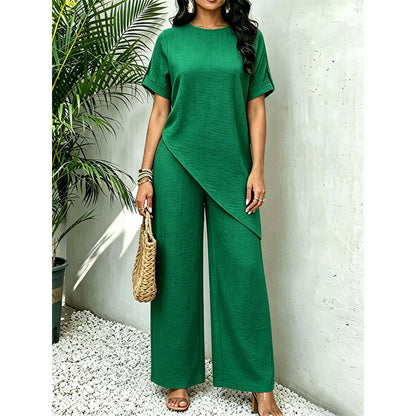 Asymmetrical Hem Top & Wide-Leg Pants Set