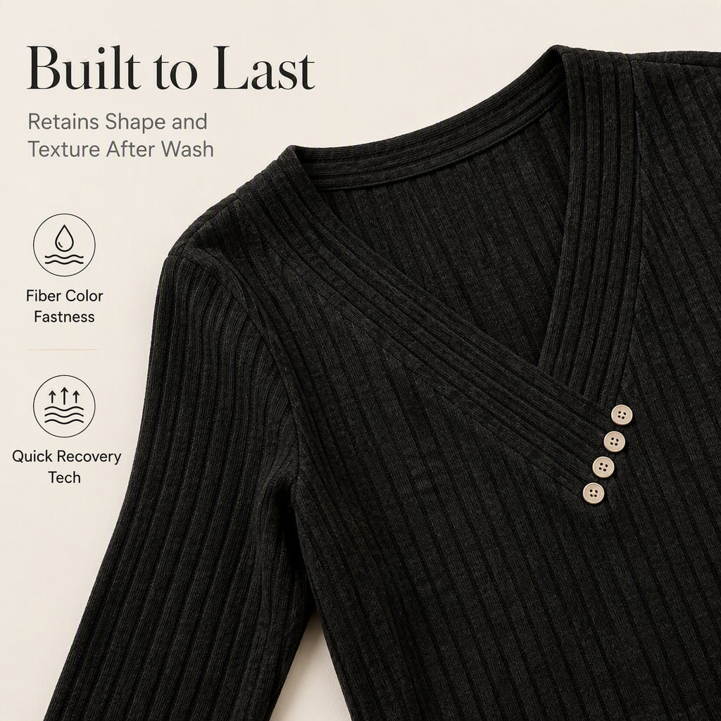 ✨ Women's Ribbed Knit V-Neck Top – Elegant Button Detail For A Chic Everyday Look🤍