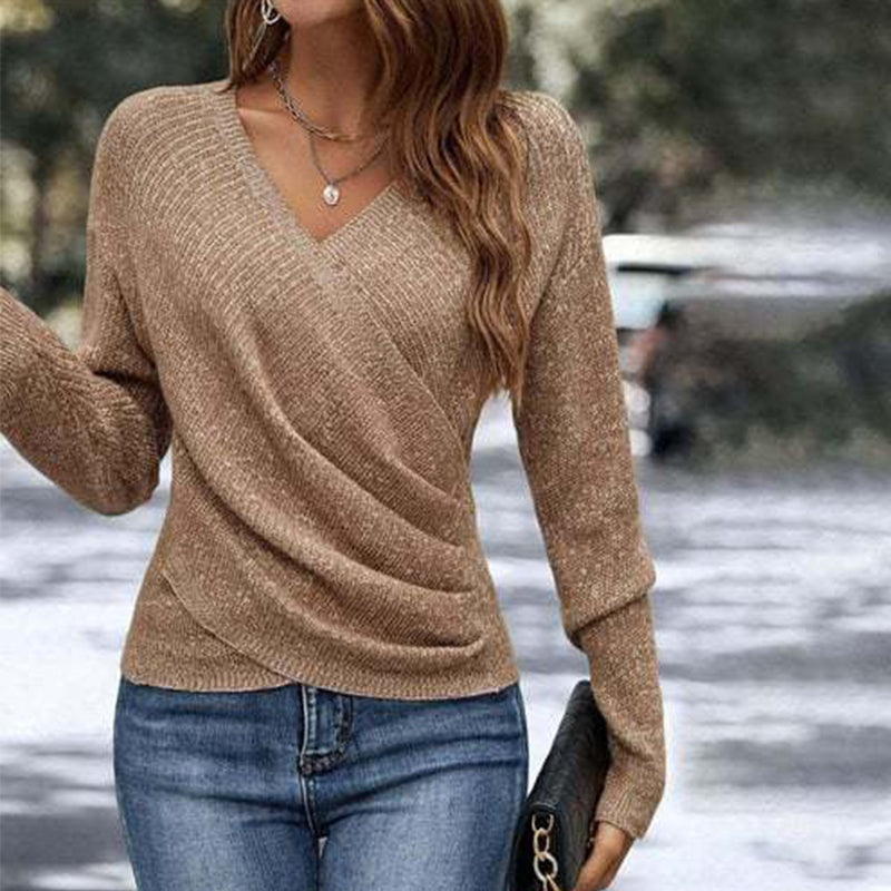✨ Women's Elegant V-Neck Wrap-Style Knit Top – Flattering Draped Waist, Chic Crossover Design & Soft Long-Sleeve Comfort for a Beautifully Feminine, Figure-Enhancing Look! 🌸