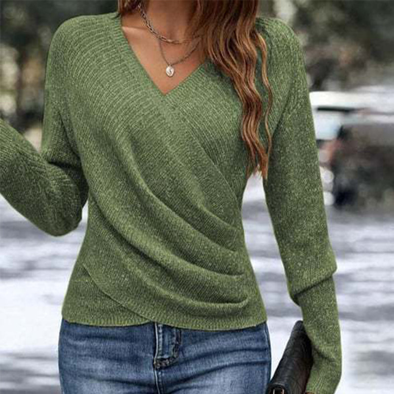 ✨ Women's Elegant V-Neck Wrap-Style Knit Top – Flattering Draped Waist, Chic Crossover Design & Soft Long-Sleeve Comfort for a Beautifully Feminine, Figure-Enhancing Look! 🌸