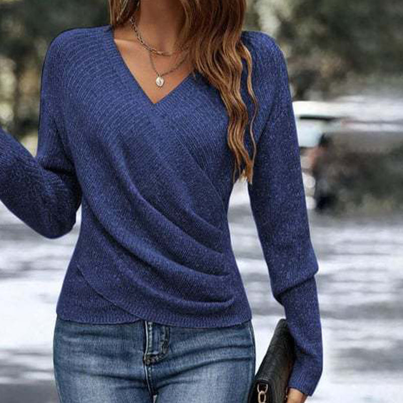 ✨ Women's Elegant V-Neck Wrap-Style Knit Top – Flattering Draped Waist, Chic Crossover Design & Soft Long-Sleeve Comfort for a Beautifully Feminine, Figure-Enhancing Look! 🌸
